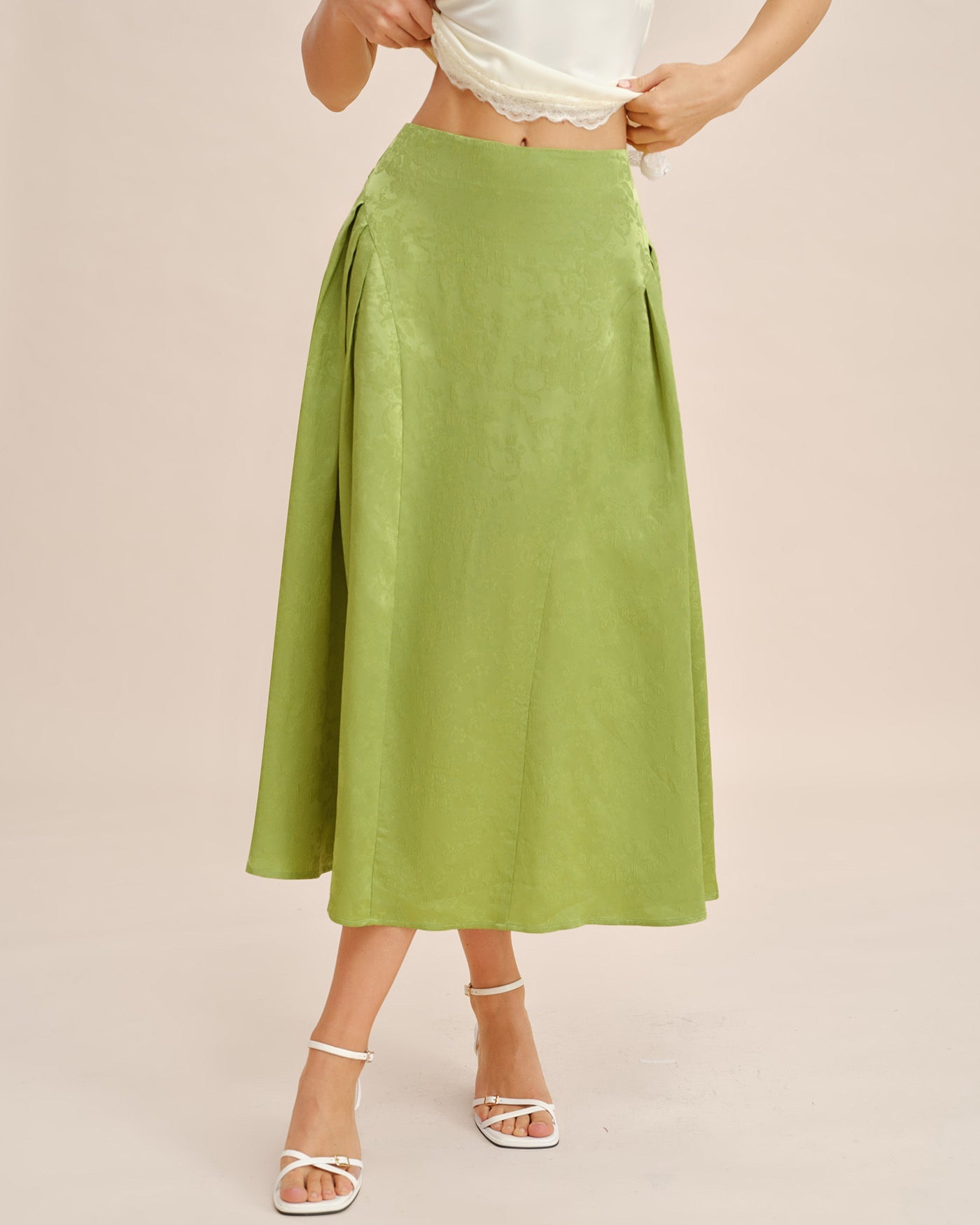 Falda Midi de Satén Jacquard Fruncida Verde