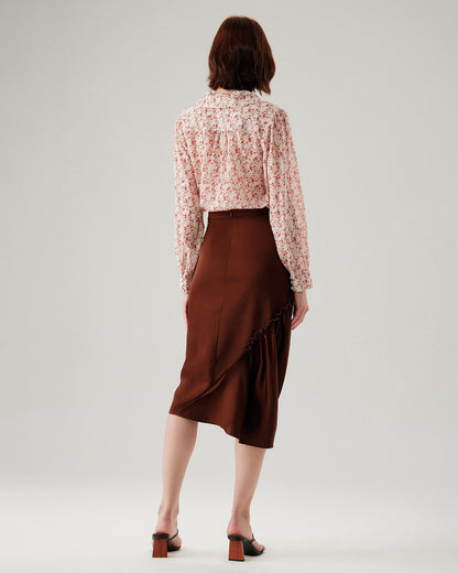 Falda Midi Lápiz Arrugada Color Café