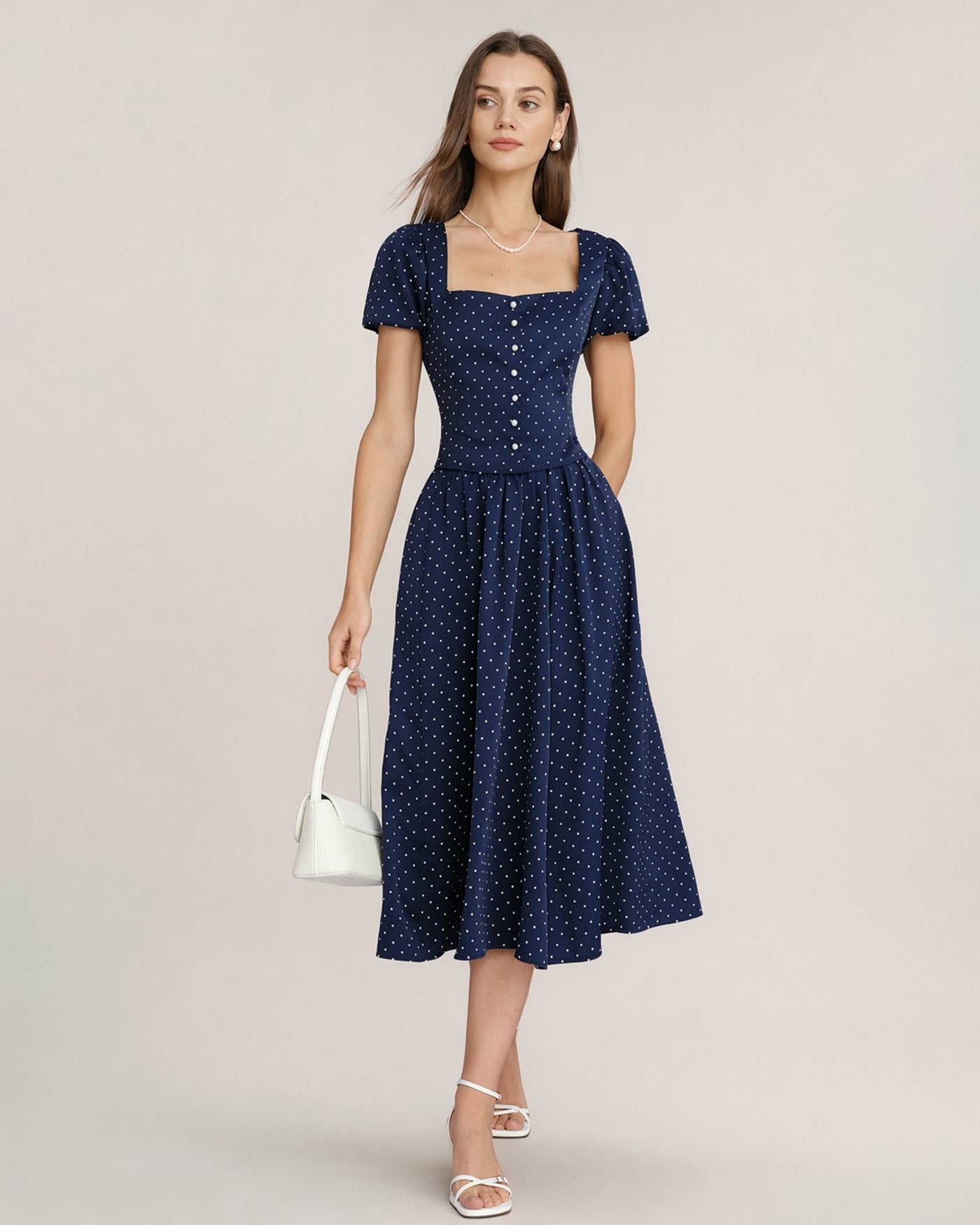 Falda Midi de Lunares Azules con Bolsillos