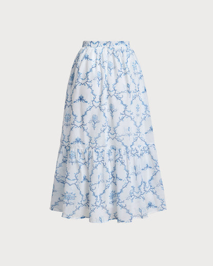 Falda Midi Con Volantes Blanca Floral