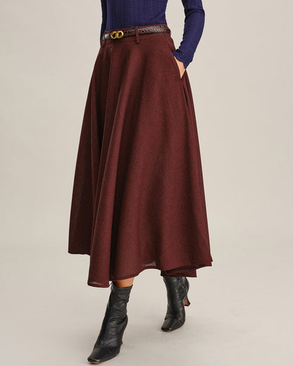 Falda Midi A-Line con Bolsillos Color Rojo Vino