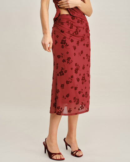 Falda Midi Sirena Floral Roja
