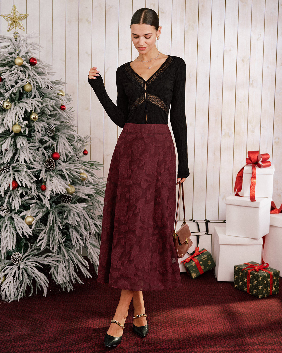 Falda Midi A-Line Jacquard Color Vino