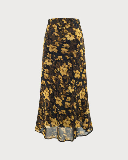 Falda Negra Floral con Cintura Elástica