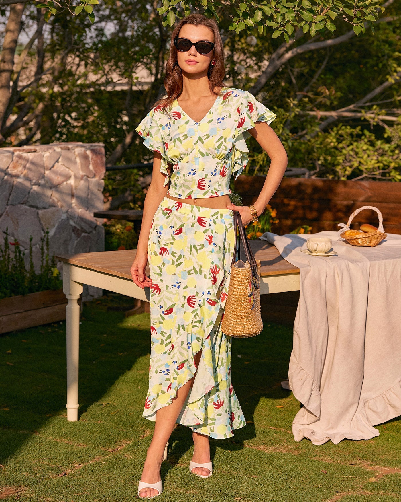 Falda Midi A-Line con Volantes Florales