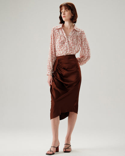 Falda Midi Lápiz Arrugada Color Café