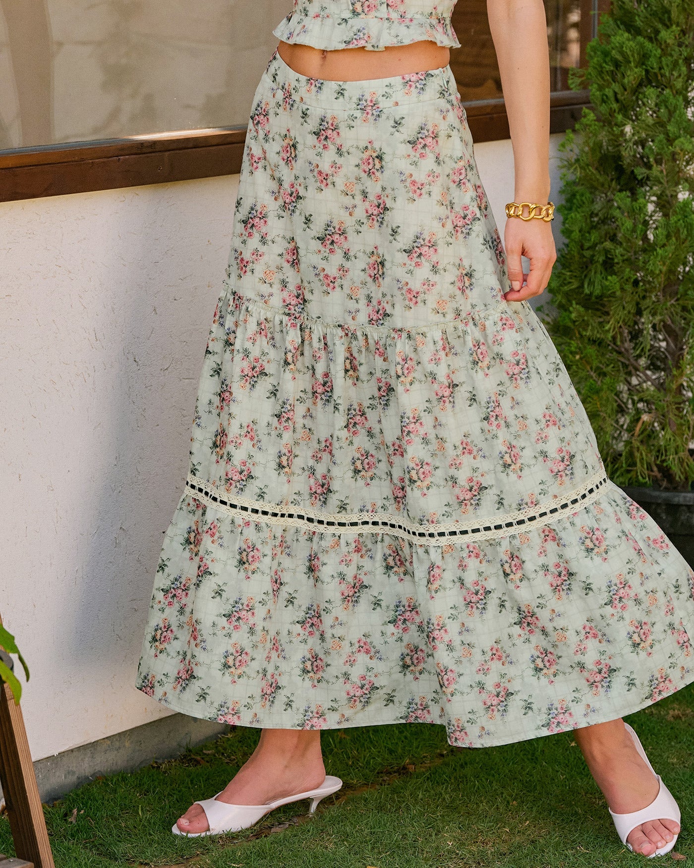Falda Midi A-Line Floral Verde