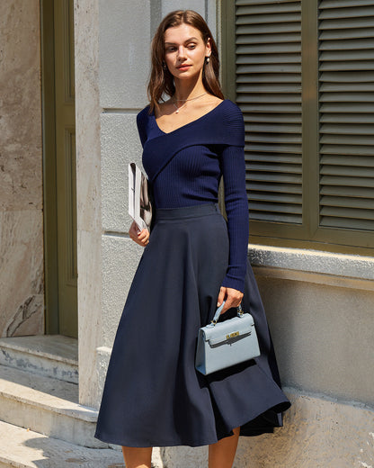 Falda Midi A-Line con Bolsillos en Color Marino