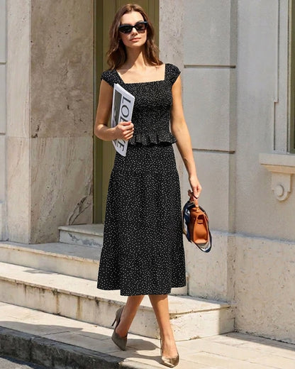 Falda Midi Arrugada con Lunares Negros