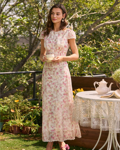Falda Midi con Bordado Floral Rosa