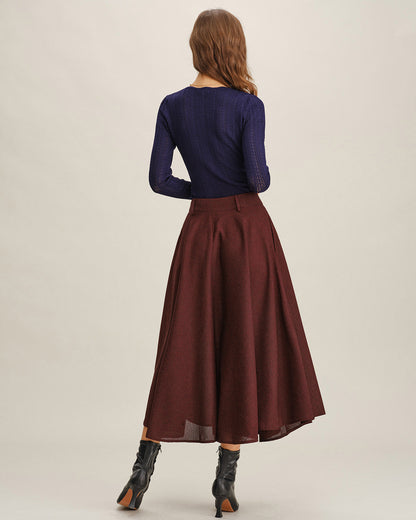 Falda Midi A-Line con Bolsillos Color Rojo Vino