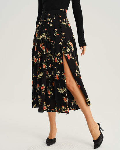 Falda Midi A-Line Floral Negra