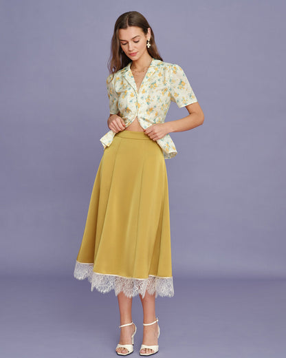 Falda Midi de Satén con Encaje Amarillo