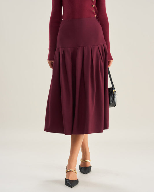 Falda Midi Plisada de Cintura Natural Color Rojo Vino