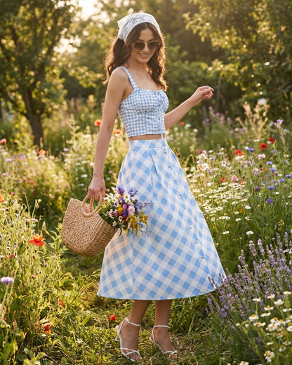 Falda Midi de Botones a Cuadros Azules