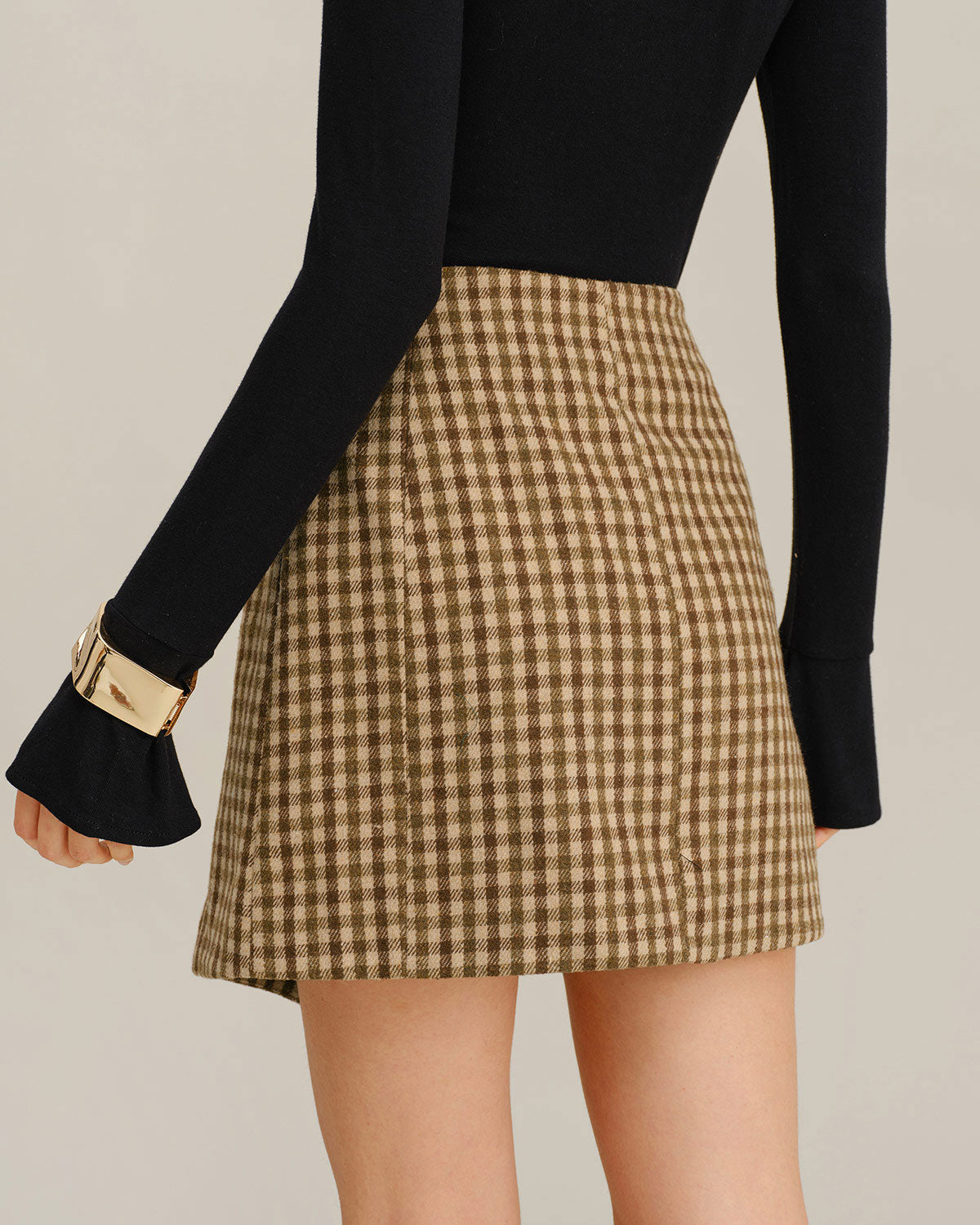 Falda Mini Envoltura de Cuadros Caqui
