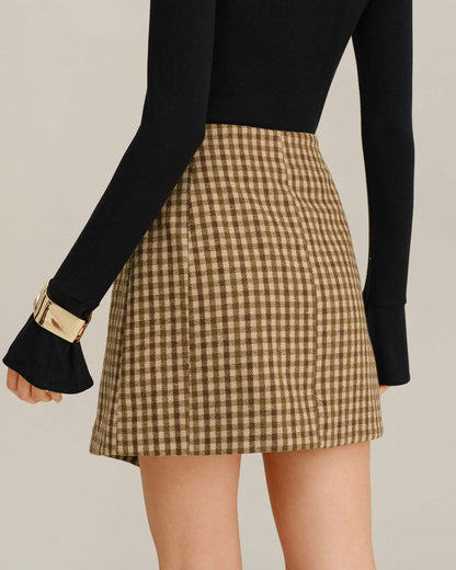 Falda Mini Envoltura de Cuadros Caqui