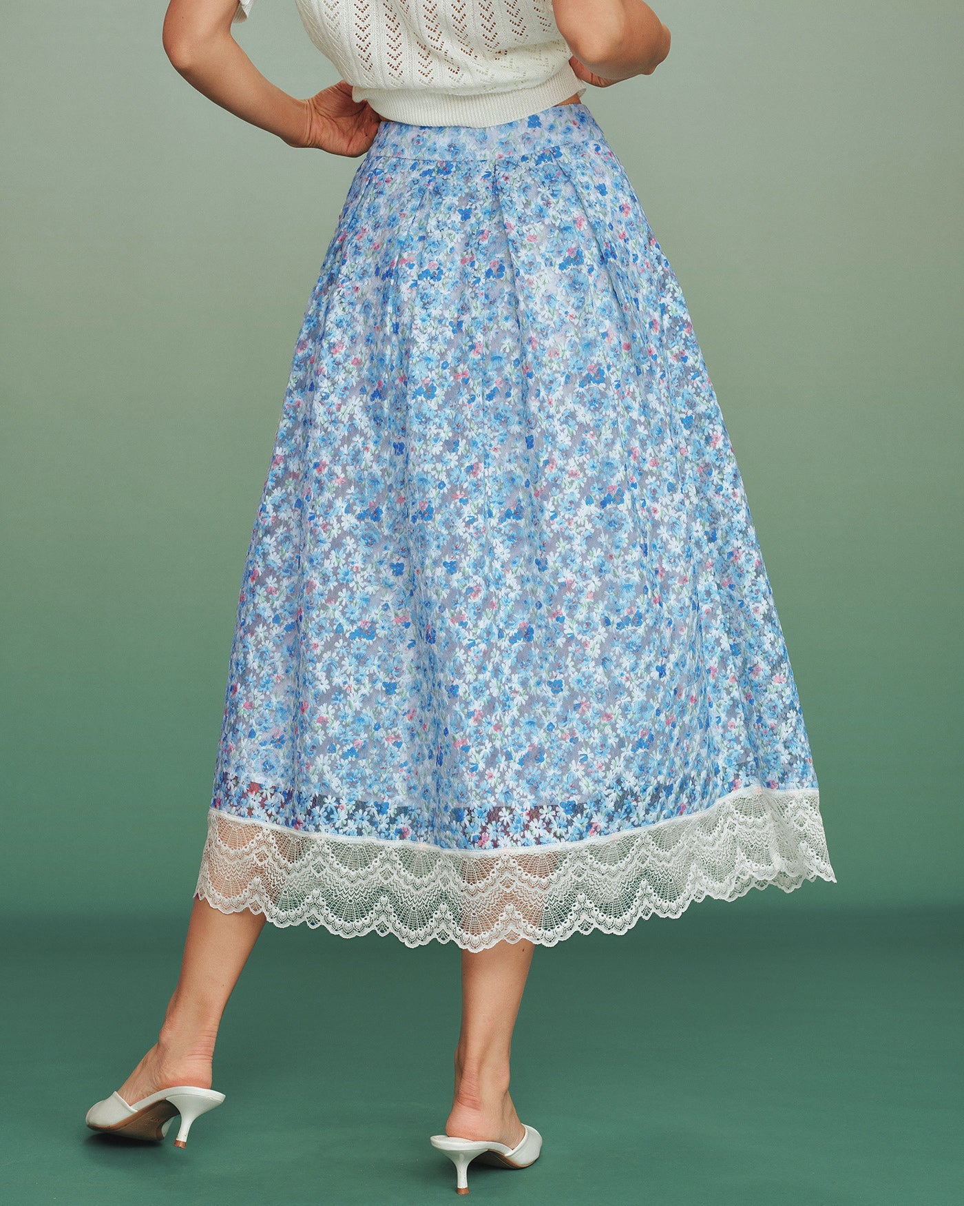 Falda A-Line de Encaje Floral Azul