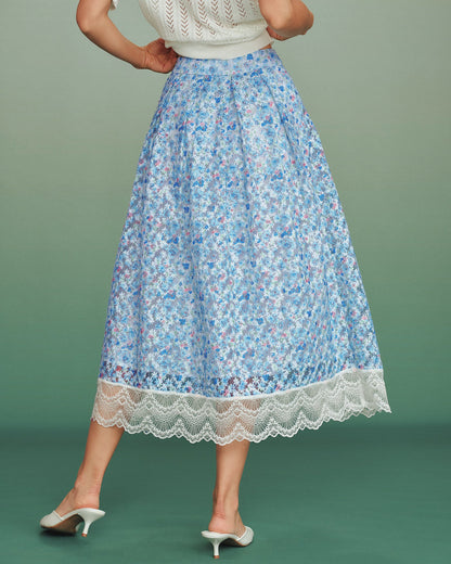 Falda A-Line de Encaje Floral Azul