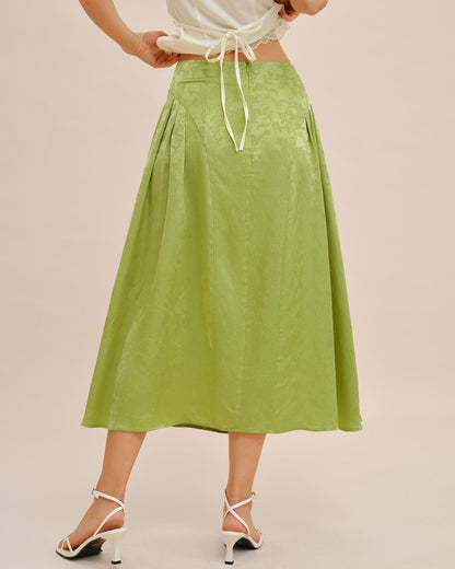 Falda Midi de Satén Jacquard Fruncida Verde