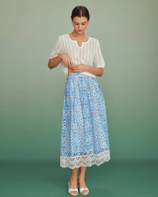 Falda A-Line de Encaje Floral Azul