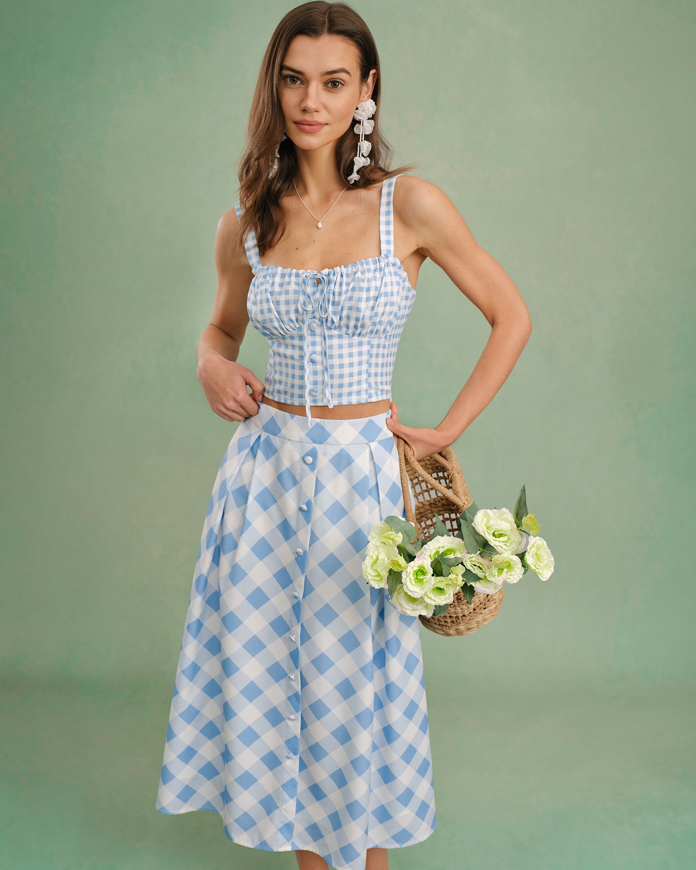 Falda Midi de Botones a Cuadros Azules