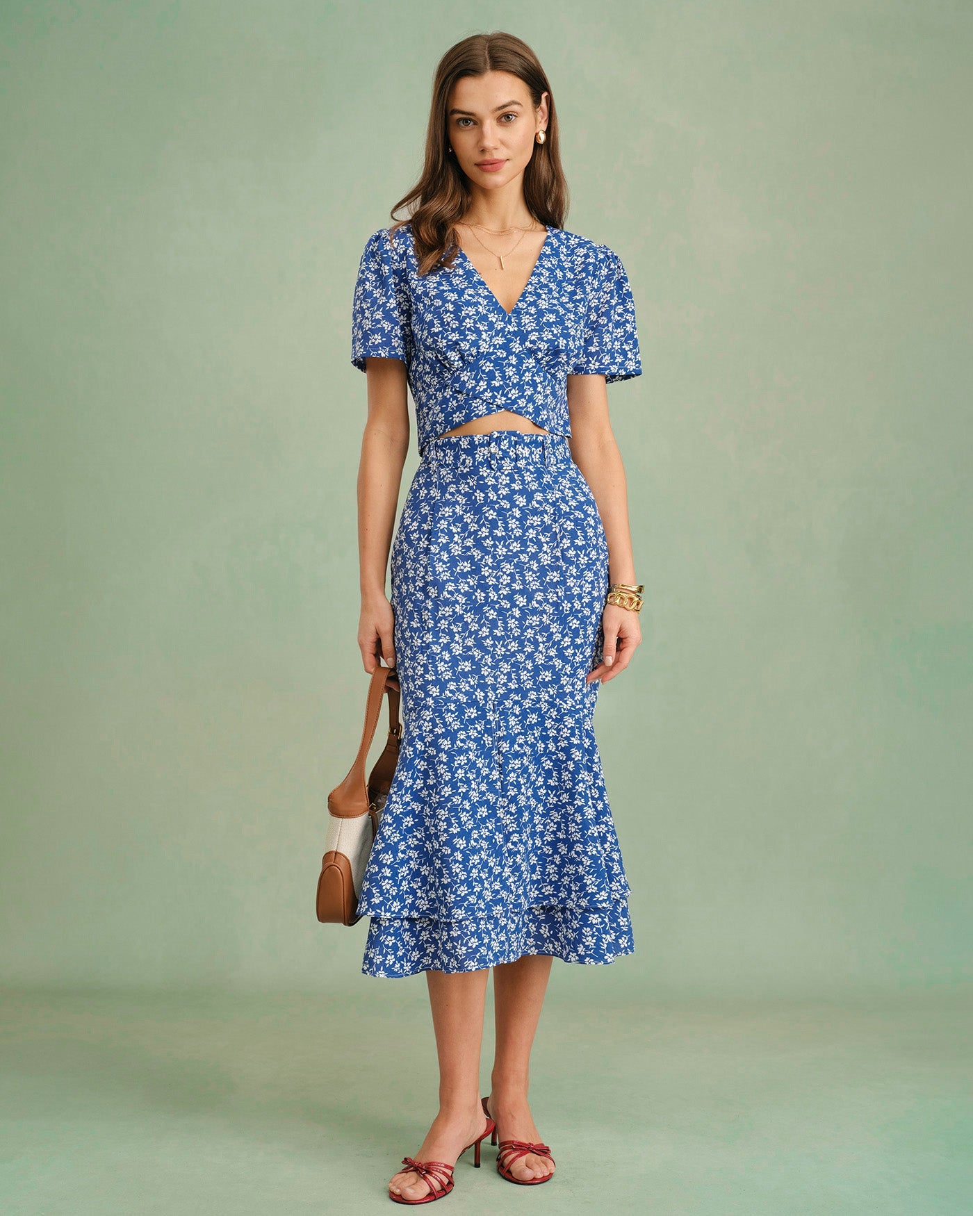 Falda Midi Sirena Floral Azul