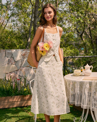 Falda Midi Verde con Flores y Bolsillos