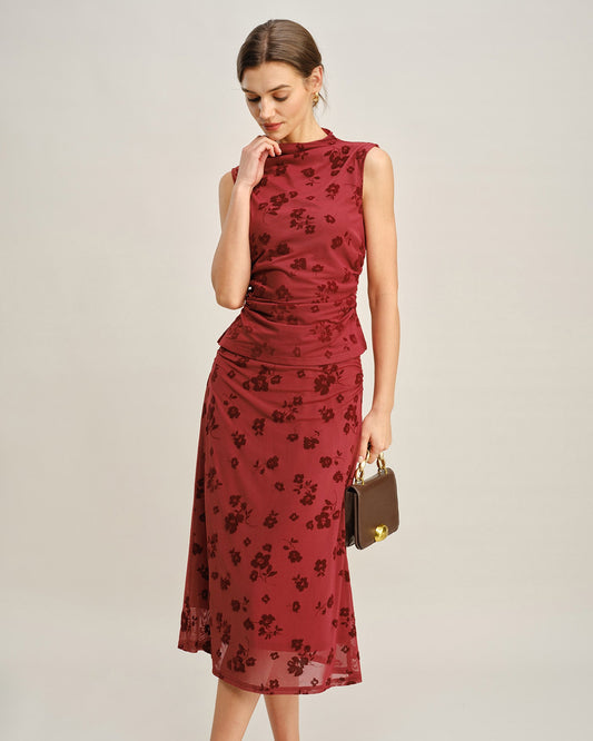 Falda Midi Sirena Floral Roja