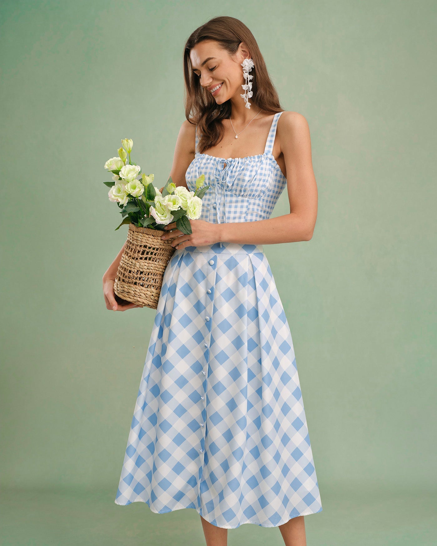 Falda Midi de Botones a Cuadros Azules