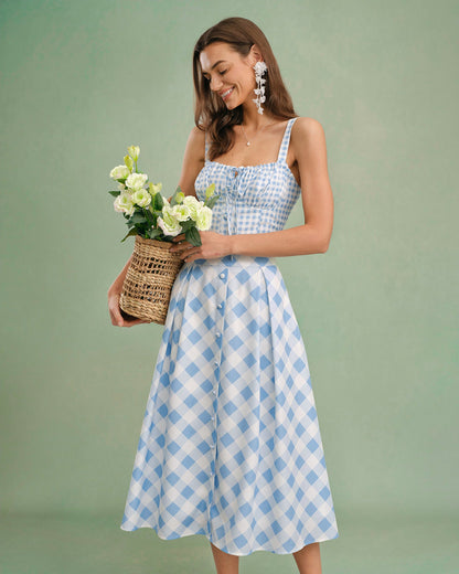 Falda Midi de Botones a Cuadros Azules