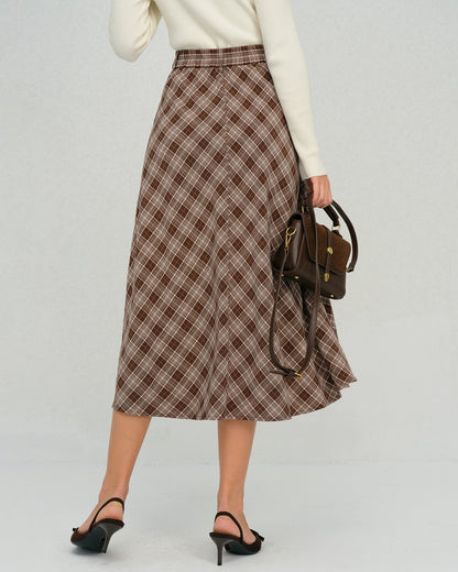 Falda Midi A-Line Floral de Cuadros Marrón