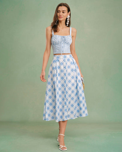 Falda Midi de Botones a Cuadros Azules
