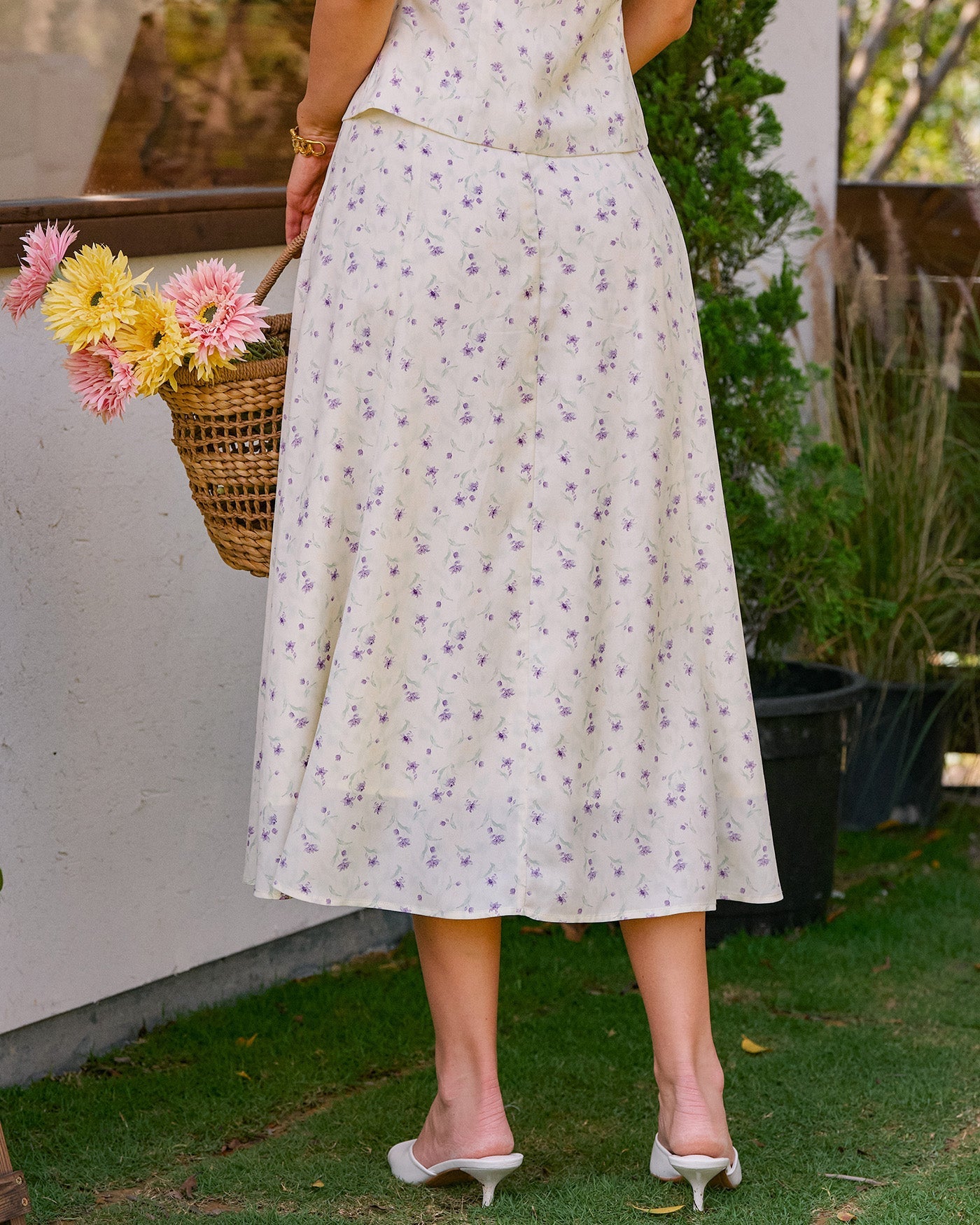 Falda Midi Beig Floral con Abertura