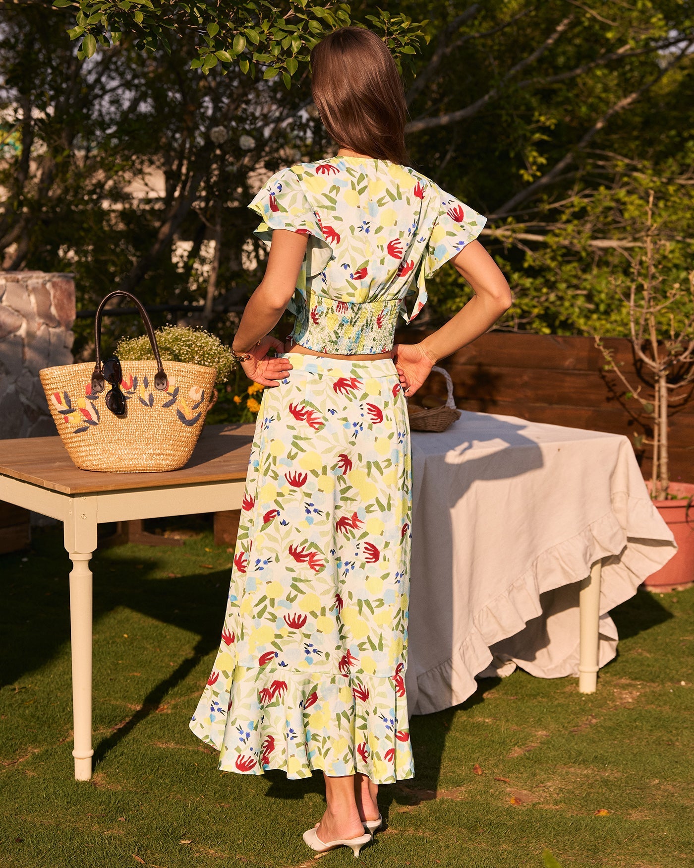 Falda Midi A-Line con Volantes Florales