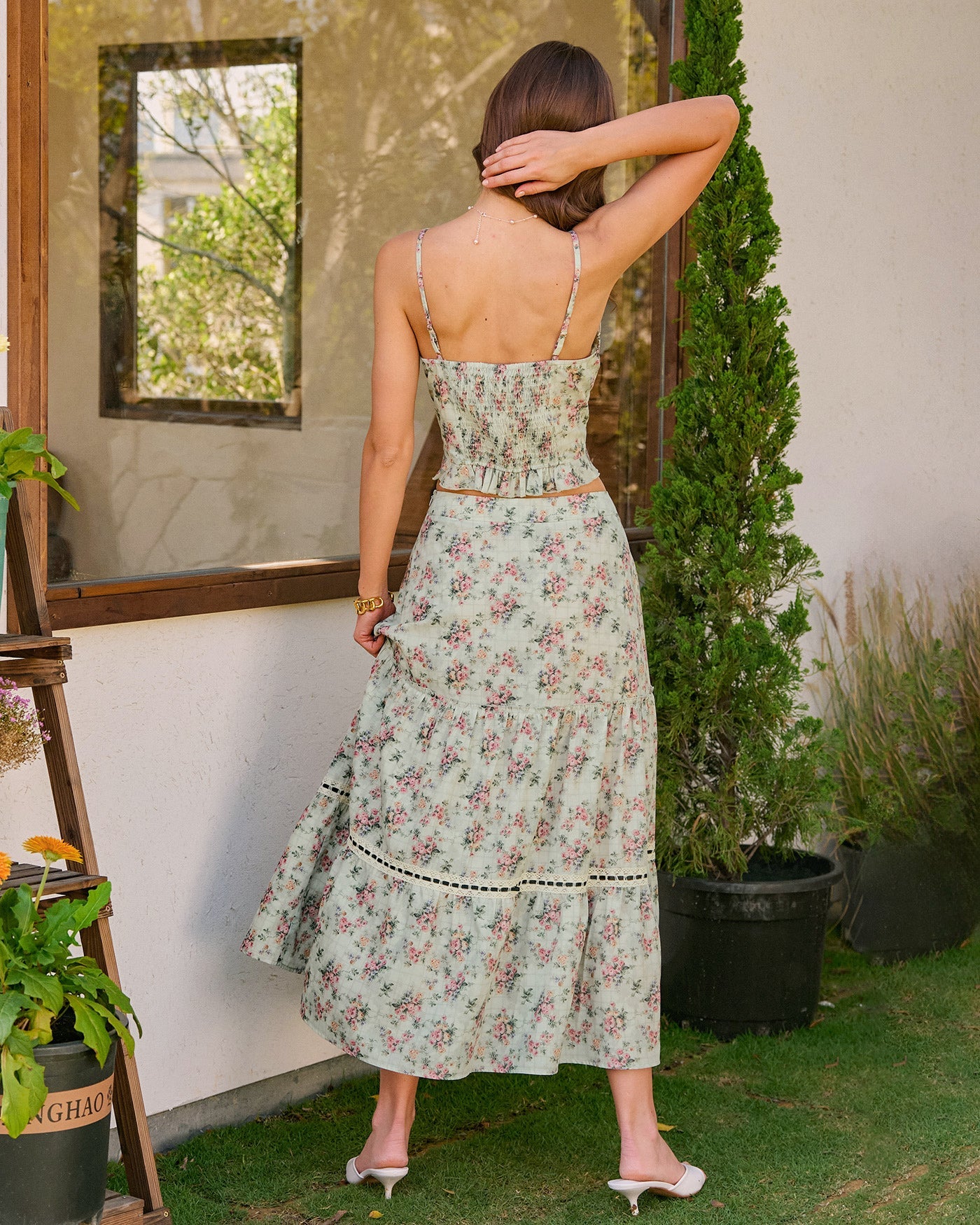 Falda Midi A-Line Floral Verde