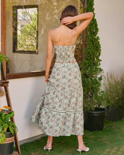Falda Midi A-Line Floral Verde