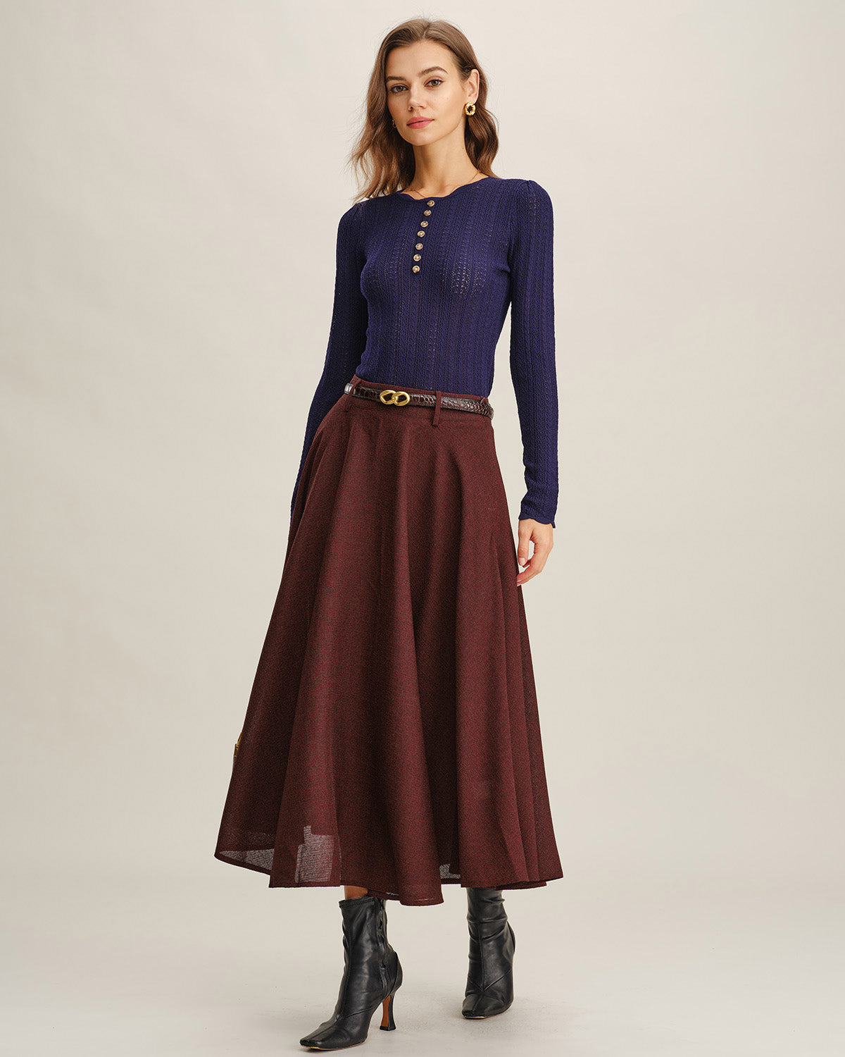 Falda Midi A-Line con Bolsillos Color Rojo Vino