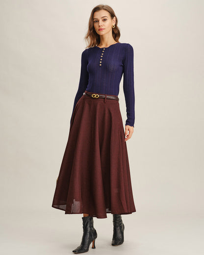 Falda Midi A-Line con Bolsillos Color Rojo Vino