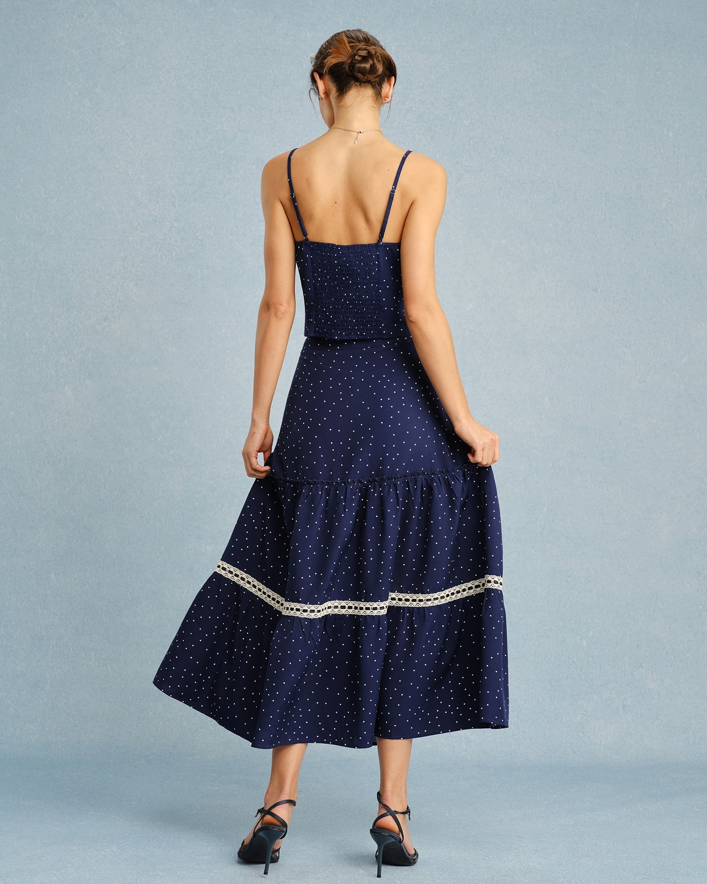 Falda Midi de Encaje con Lunares en Marino