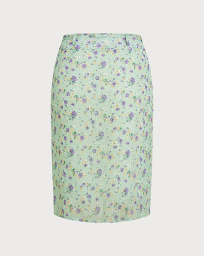 Falda Recta con Estampado Floral Verde