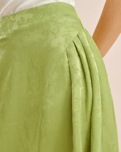 Falda Midi de Satén Jacquard Fruncida Verde