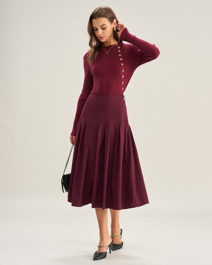 Falda Midi Plisada de Cintura Natural Color Rojo Vino