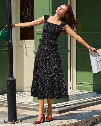 Falda Midi Arrugada con Lunares Negros