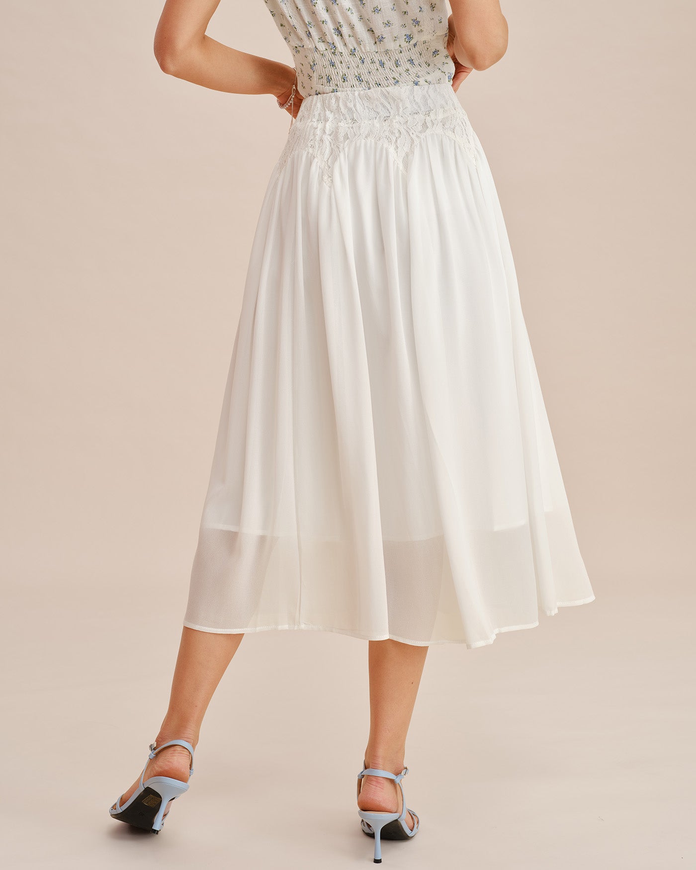 Falda Midi de Cintura Elástica con Encaje Blanco