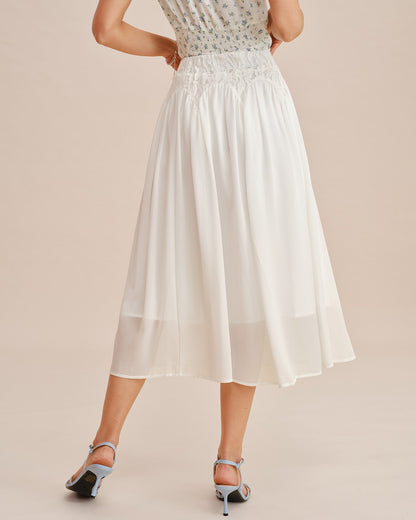 Falda Midi de Cintura Elástica con Encaje Blanco