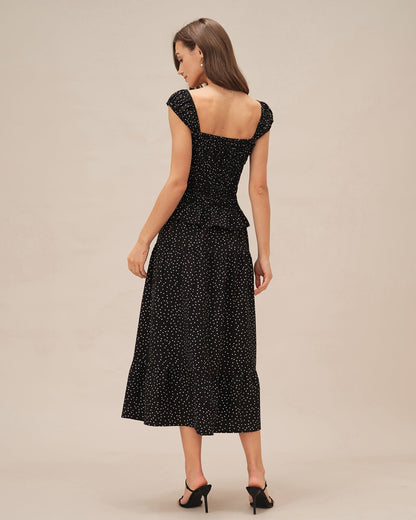 Falda Midi Arrugada con Lunares Negros