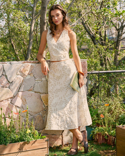 Falda Midi de Bordado Beige