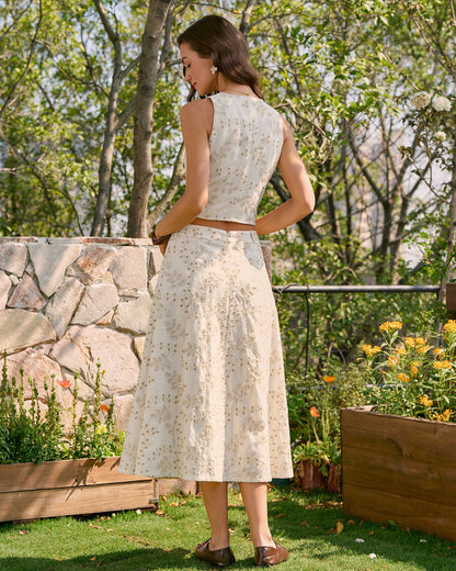 Falda Midi de Bordado Beige