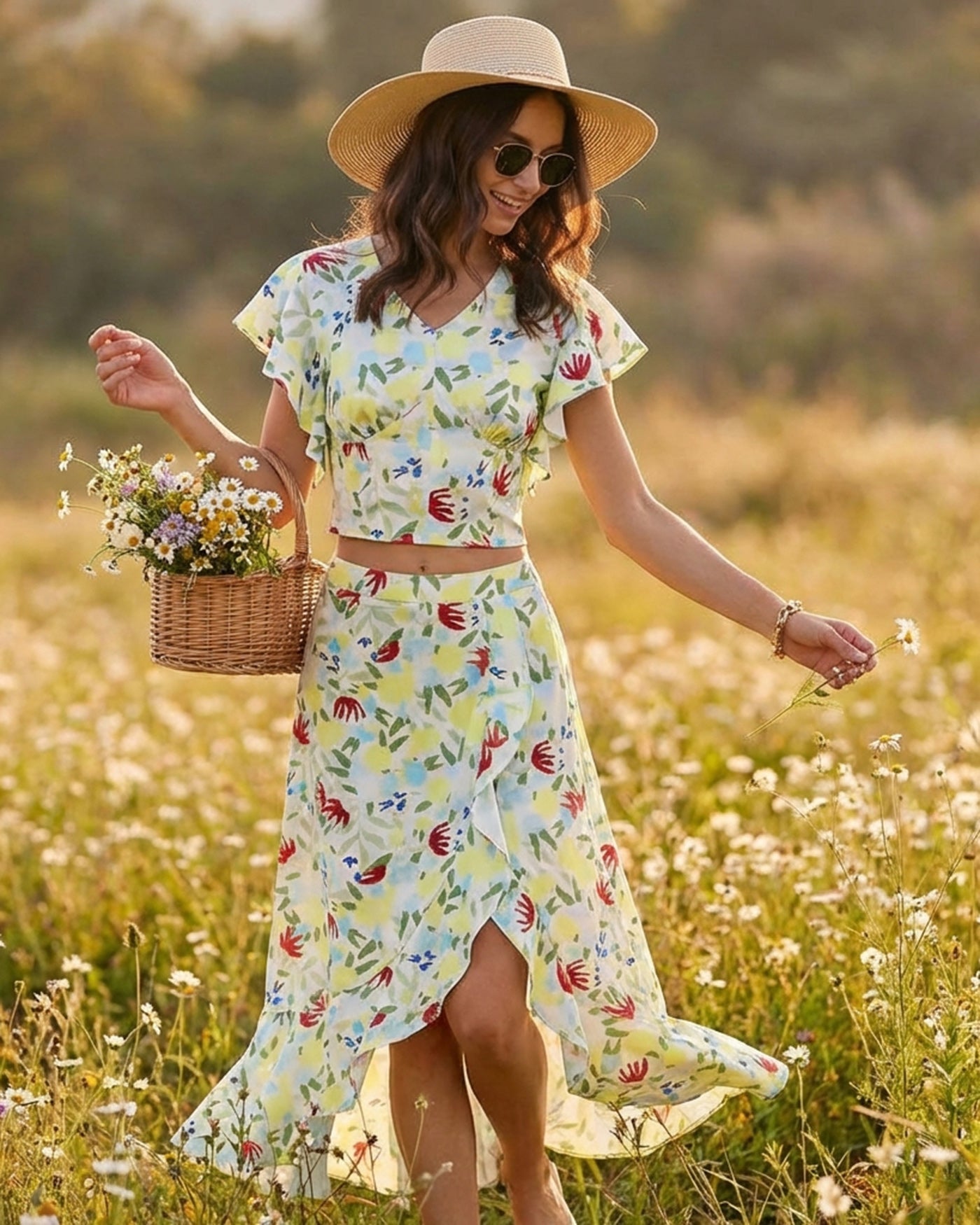 Falda Midi A-Line con Volantes Florales